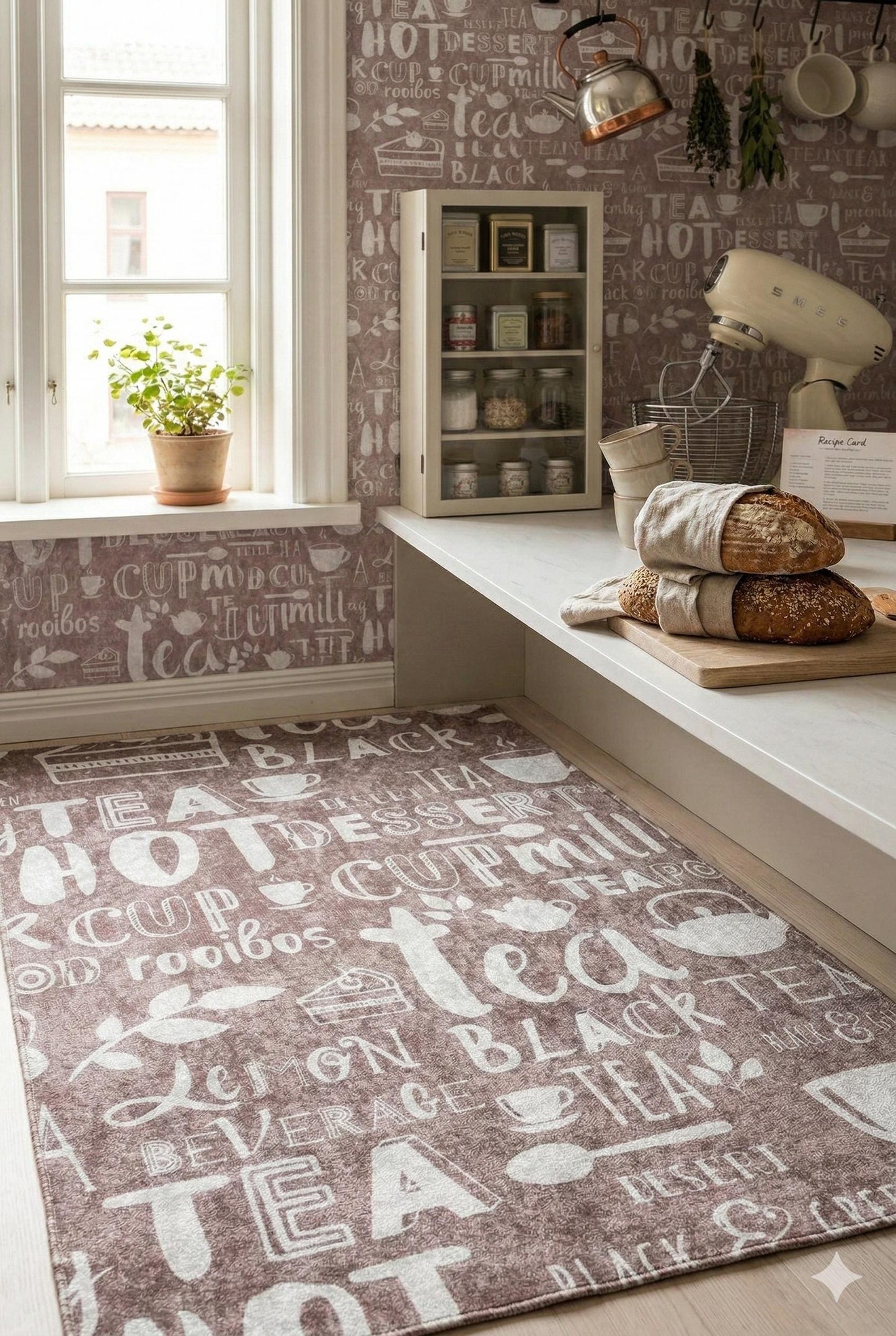 Washable Kitchen Runner Rug – Tea Coffee Typography Carpet, Non Slip Farmhouse Floor Mat