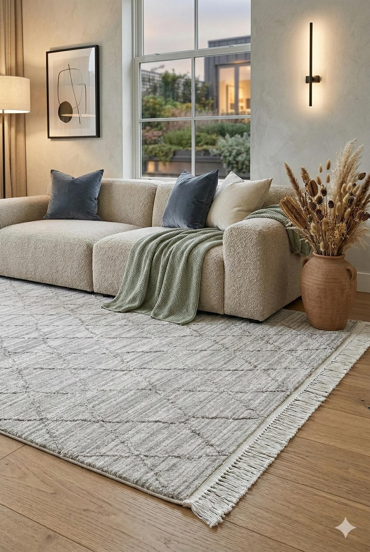 Modern Scandinavian Diamond Lattice Area Rug with Tassel Fringe – Neutral Cream & Grey - 200x300cm - 7x10ft