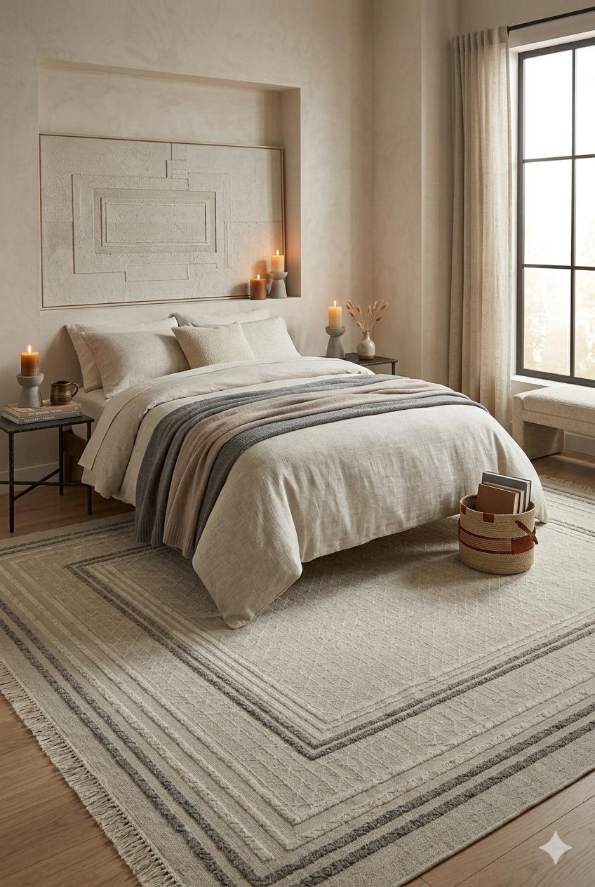 Geometric Border Area Rug – Neutral Beige Grey Textured Carpet – Japandi Boho Decor