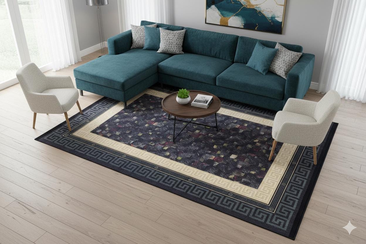Modern Greek Key Area Rug – Black Gold Meander Border Carpet, Washable, Non-Slip
