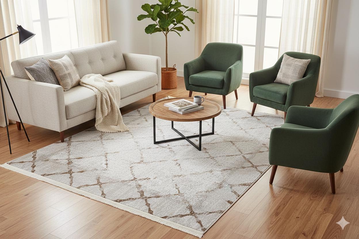 Distressed Trellis Area Rug, Washable Boho Scandi Decor Carpet