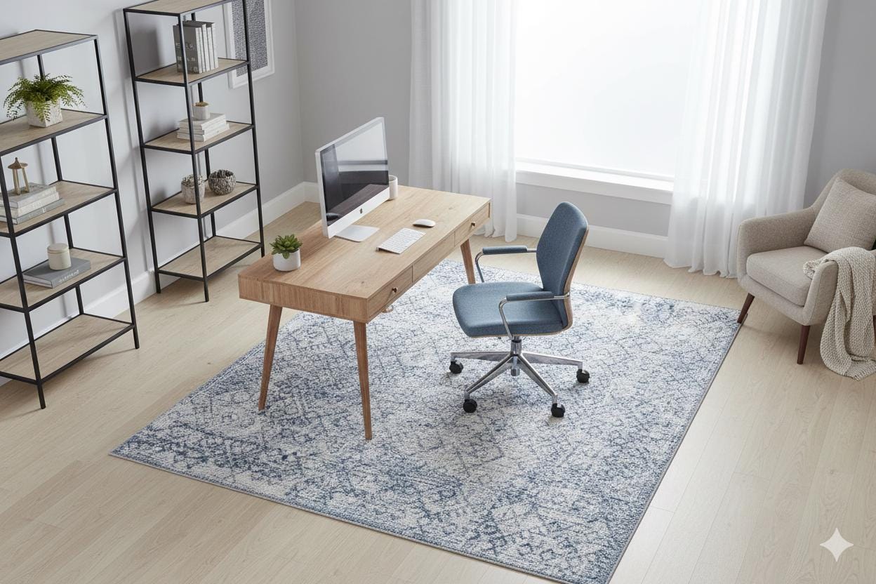 Distressed Blue Boho Area Rug, Washable Vintage Farmhouse Carpet