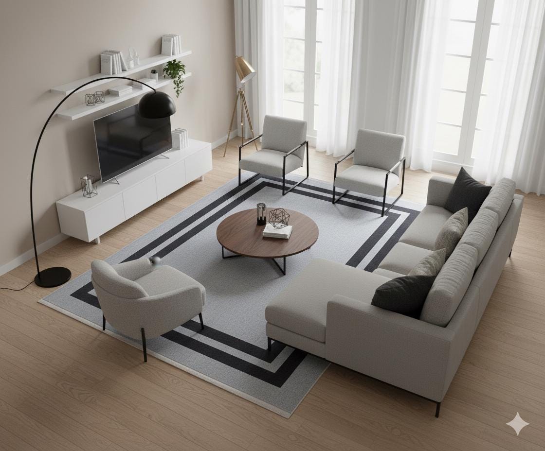 Modern Geometric Gray Area Rug, Black Frame Border, Scandinavian Living Room Carpet