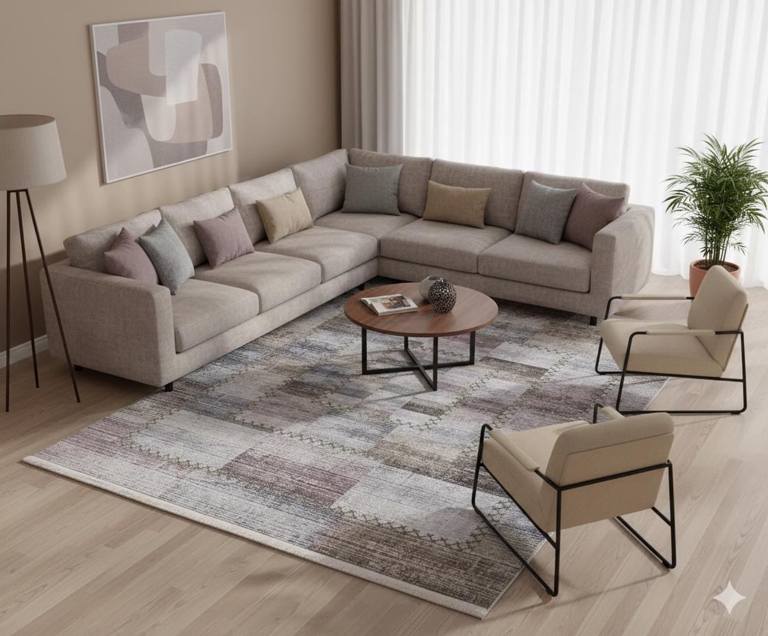Washable Patchwork Area Rug – Distressed Geometric Carpet, Neutral Boho Living Room Home Decor