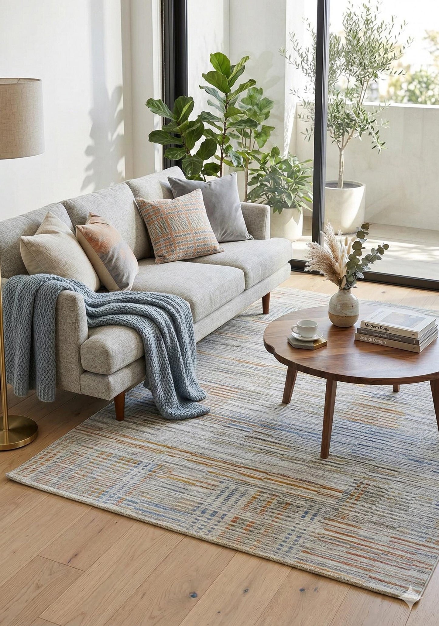 Modern Abstract Area Rug – Earthy Blue, Ochre, Grey Stripes (200x290cm)