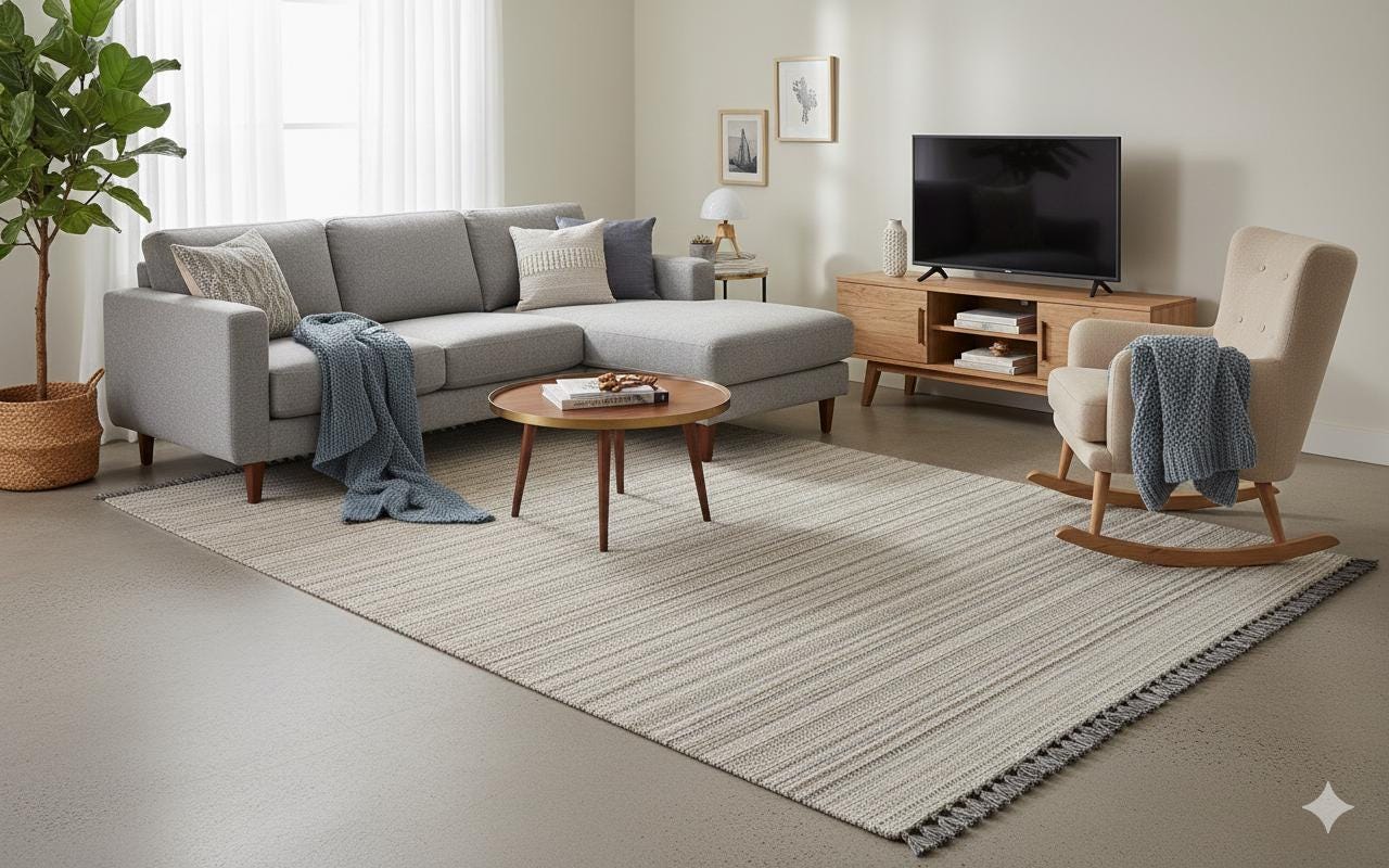 Striped Scandinavian Rug – Modern Nordic Area Rug with Fringe, Neutral Minimalist Living Room Carpet