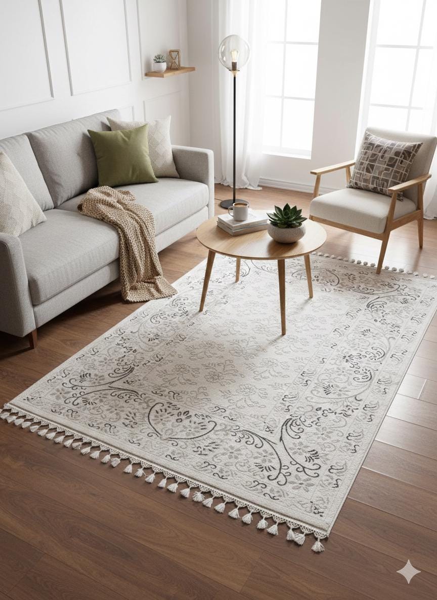 Cream Floral Area Rug with Tassels, Boho Neutral Living Room, Vintage Farmhouse Bedroom Rug