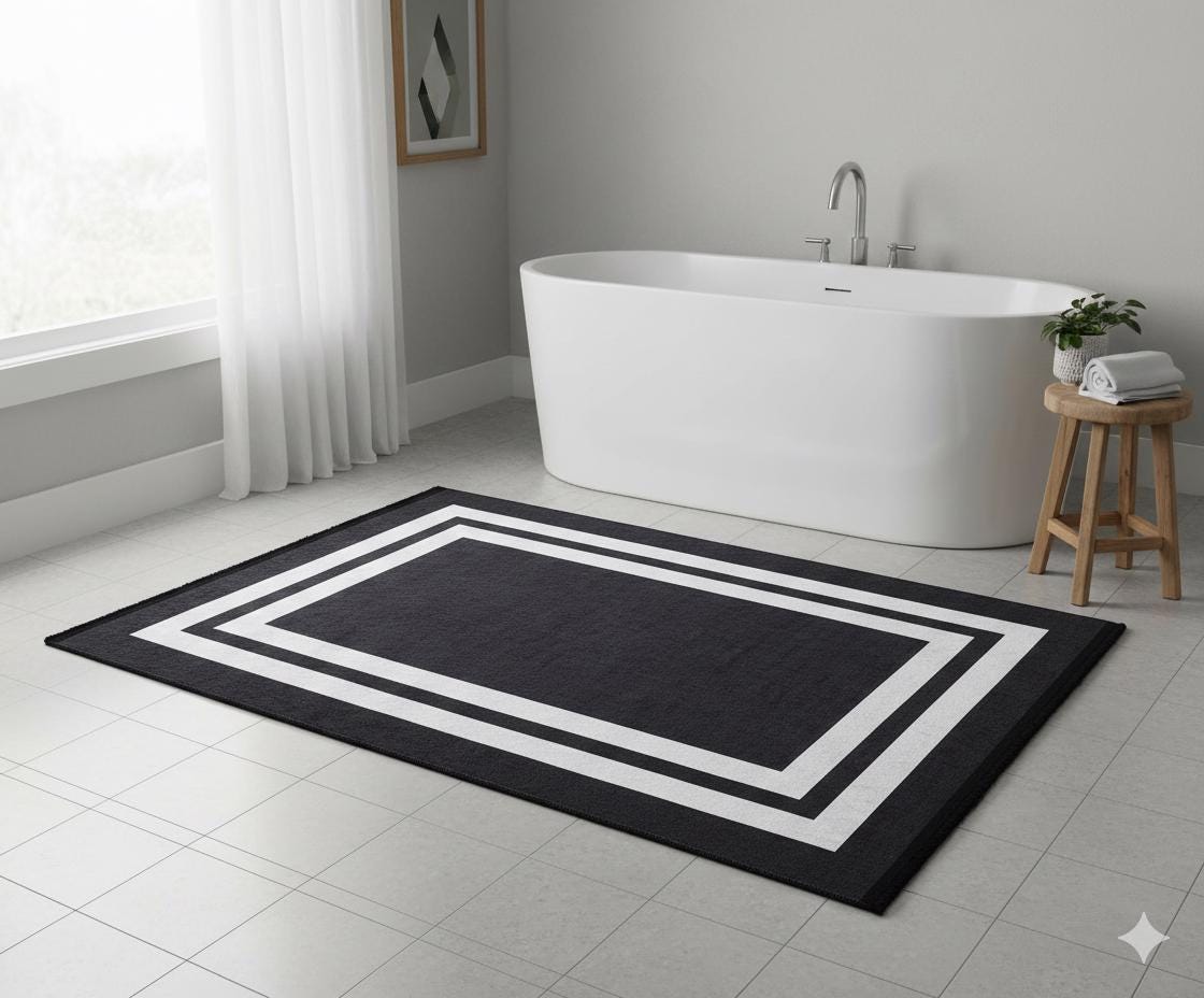 Modern Geometric Border Rug – Machine Washable Charcoal Black Area Rug