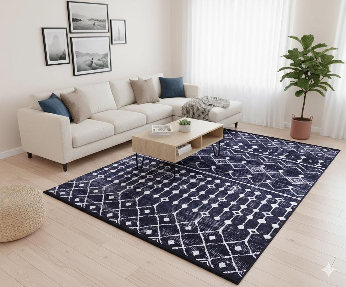 Modern Geometric Washable Area Rug – Black & White Tribal Boho Non-Slip Carpet