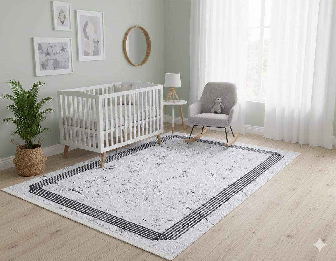 Modern Marble Washable Area Rug – Grey & White Minimalist Geometric Border Carpet