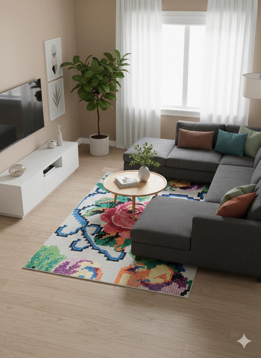 Pink Rose Floral Area Rug – Modern Pixel Art Polyester Carpet (5x8 ft.)