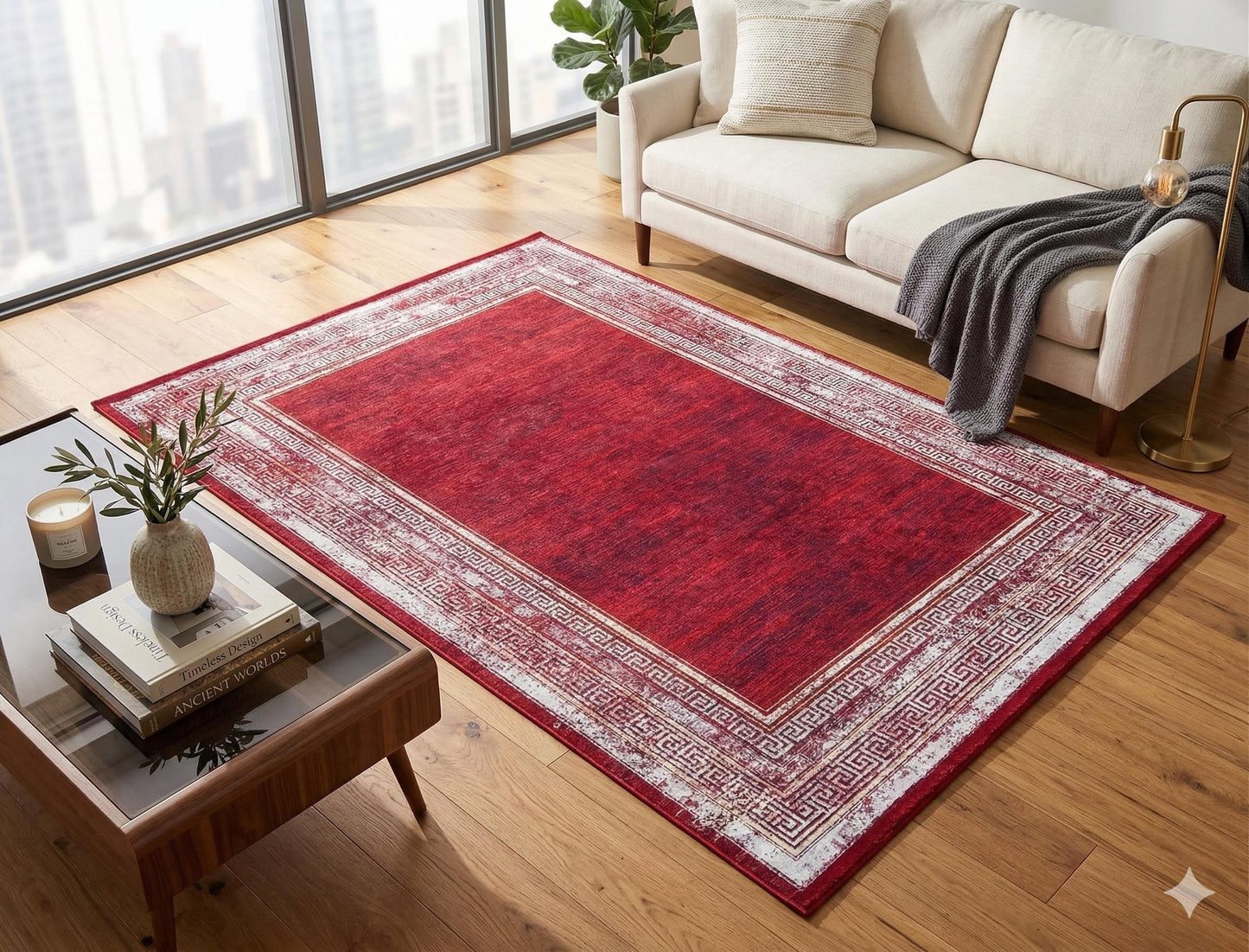 Distressed Red Greek Key Area Rug | Crimson Oriental Carpet, Meander Border