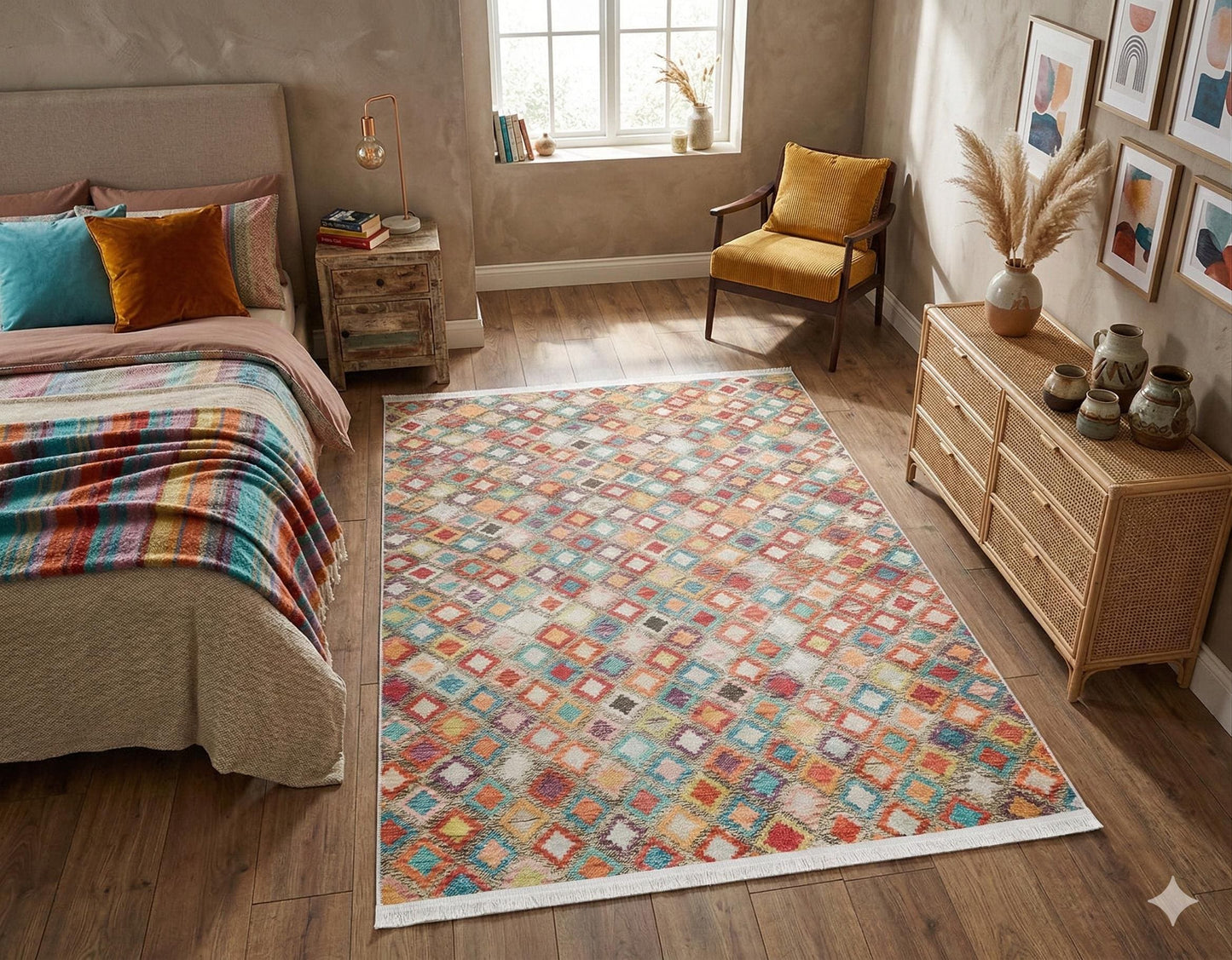 Vibrant Geometric Diamond Rug – Washable Mid-Century Boho Fringed Area Rug