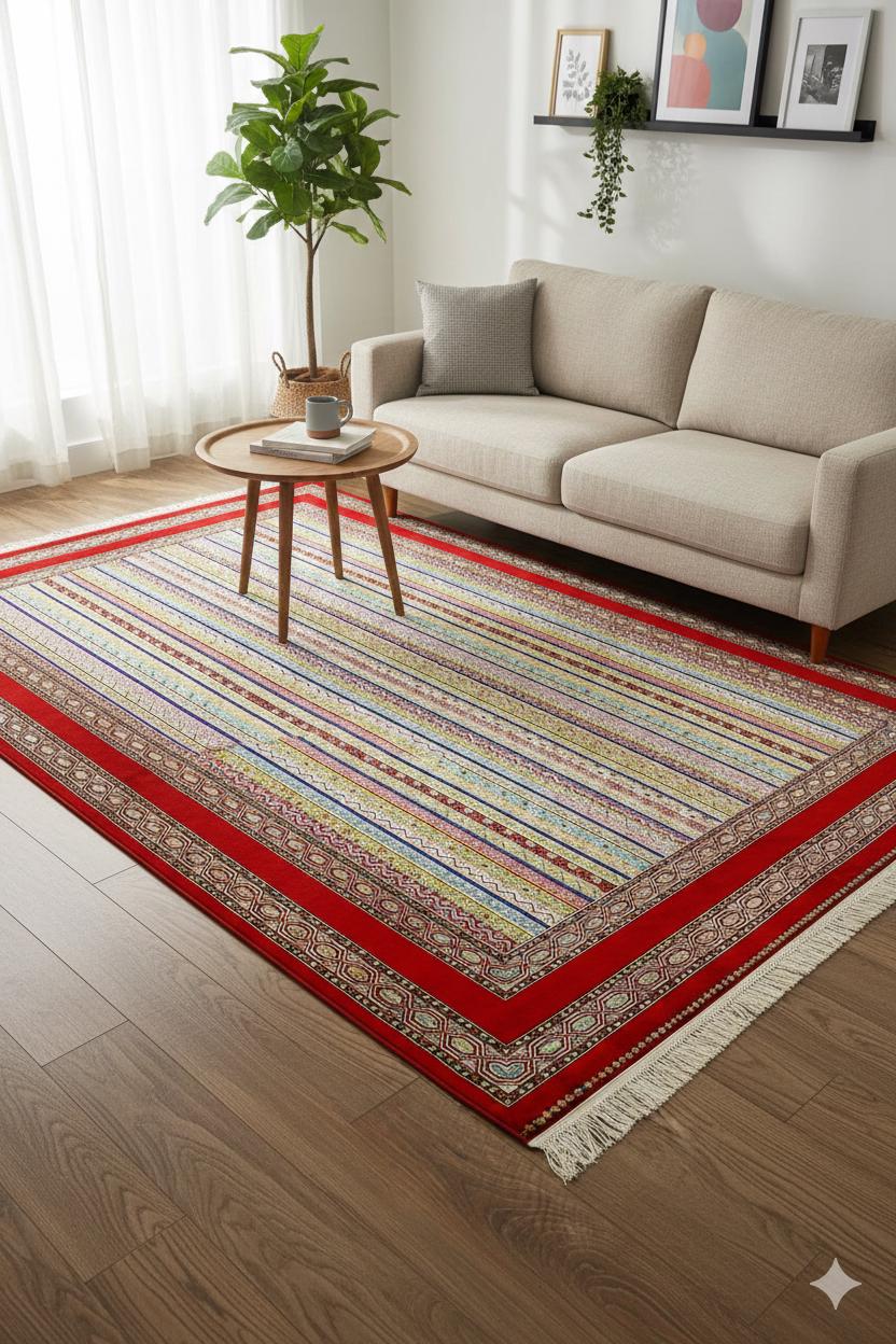 Red Striped Area Rug – Silk-Feel Viscose Oriental Carpet