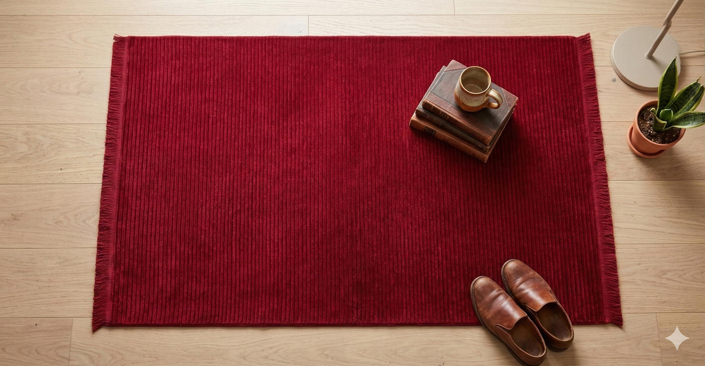 Deep Crimson Ribbed Washable Area Rug – Modern Corduroy Texture, Soft Cotton Feel