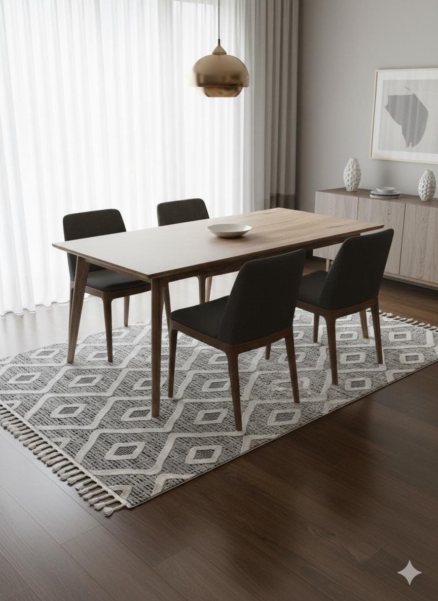 Cream Textured Geometric Carpet with Tassels, Minimalist Scandi Home Decor, Neutral Living Room Rug.