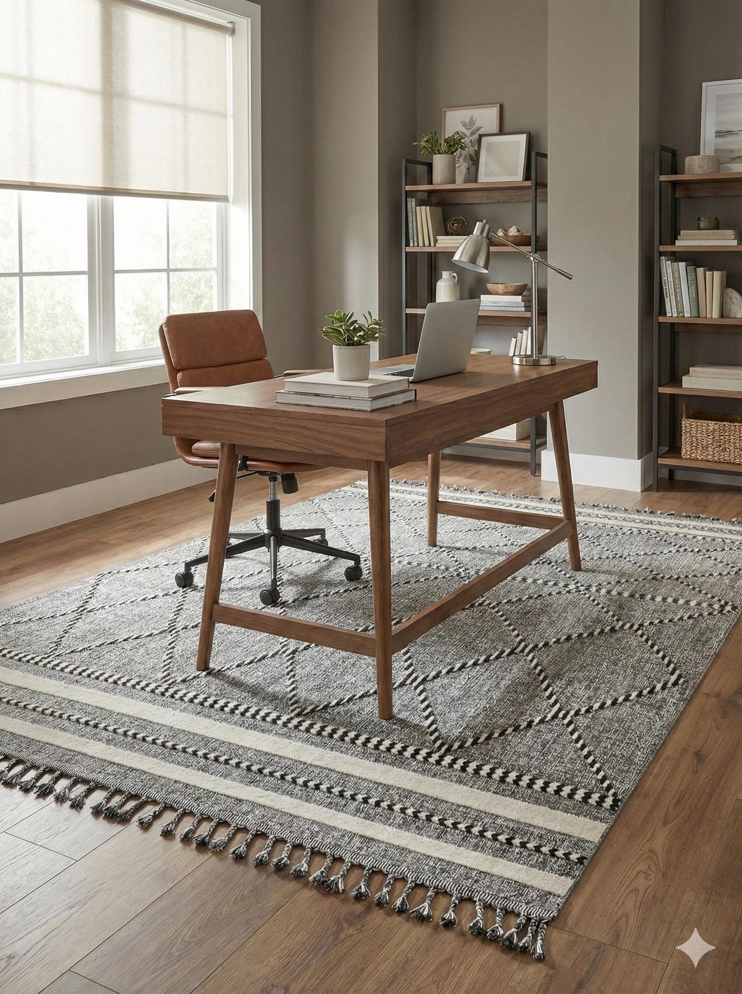 Gray Textured Geometric Carpet with Tassels, Minimalist Scandi Home Decor, Neutral Living Room Rug.