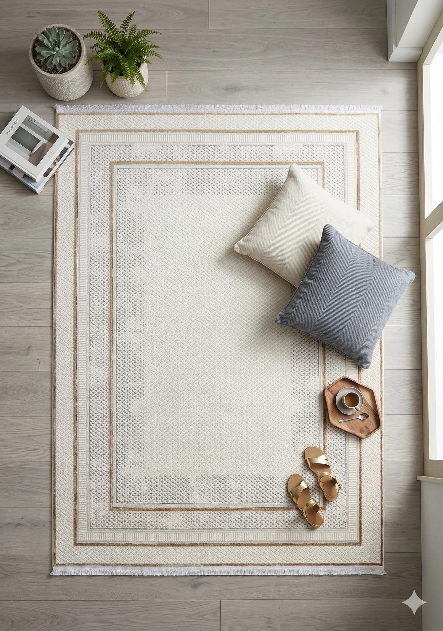 Modern Camel Cream Bordered Area Rug – Minimalist Salon Carpet, Soft Acrylic Living Room Rug