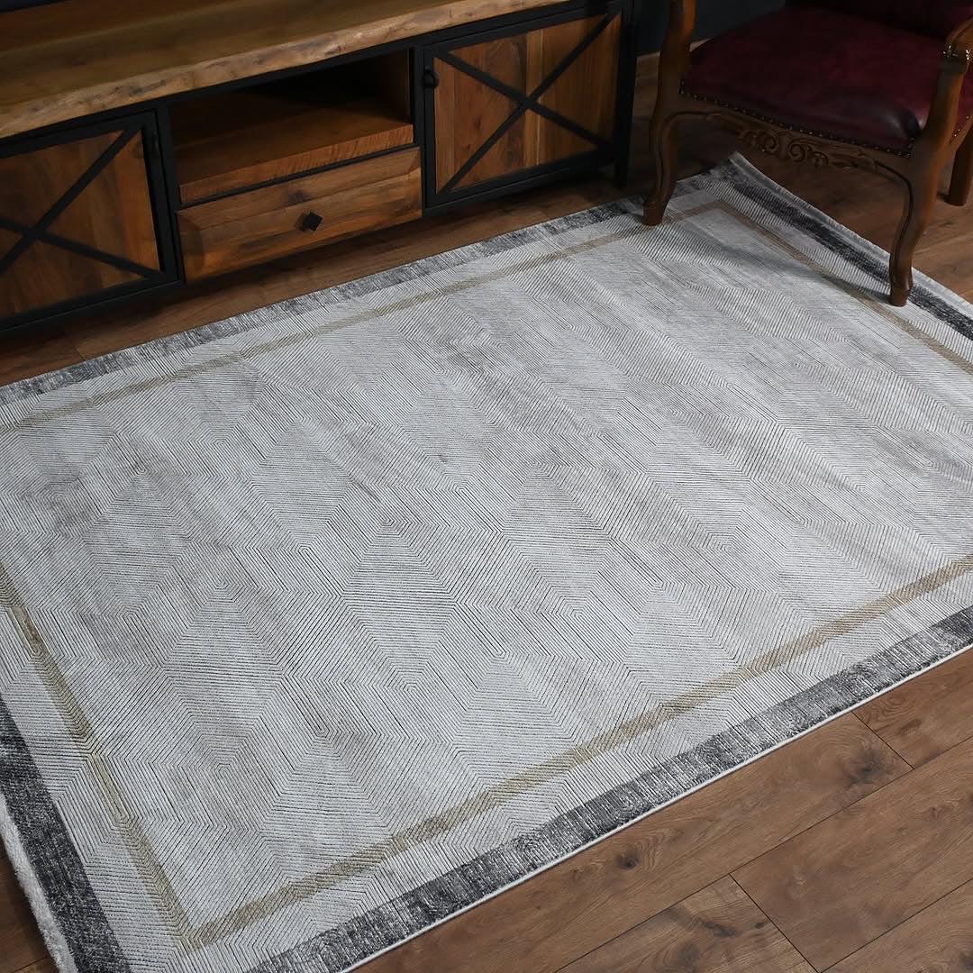 7x10ft, Modern Geometric Area Rug, Neutral Grey Beige Viscose Living Room Carpet