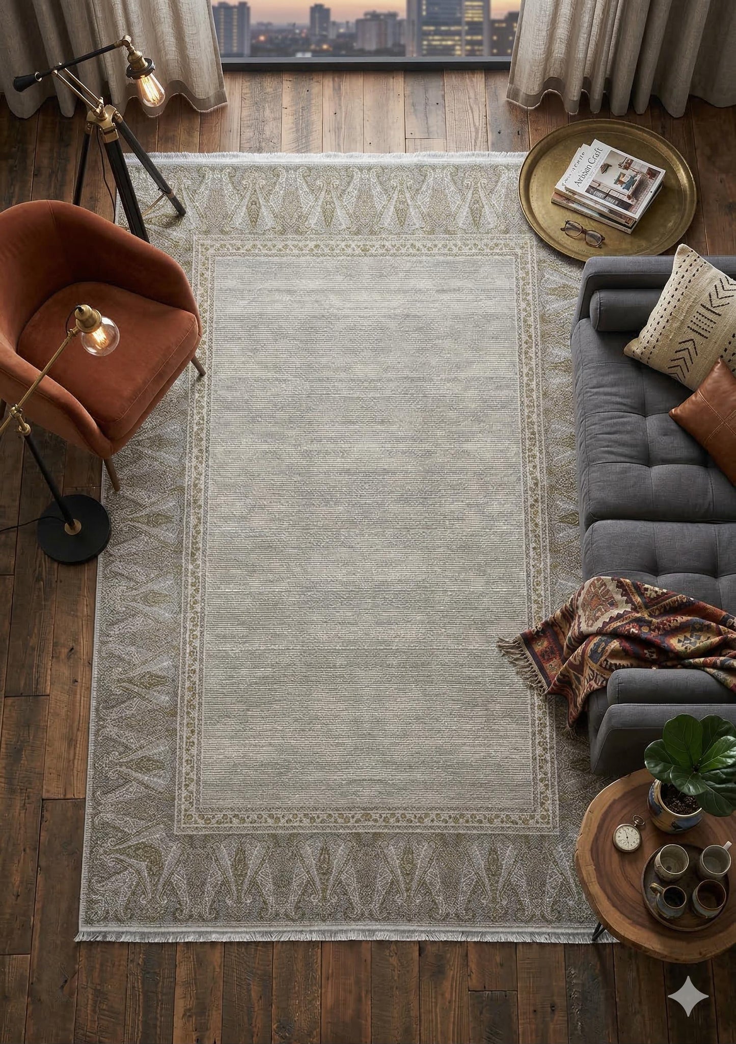 7x10 ft, Beige Classic oriental Rug: Bamboo Yarn,fine fringes carpet