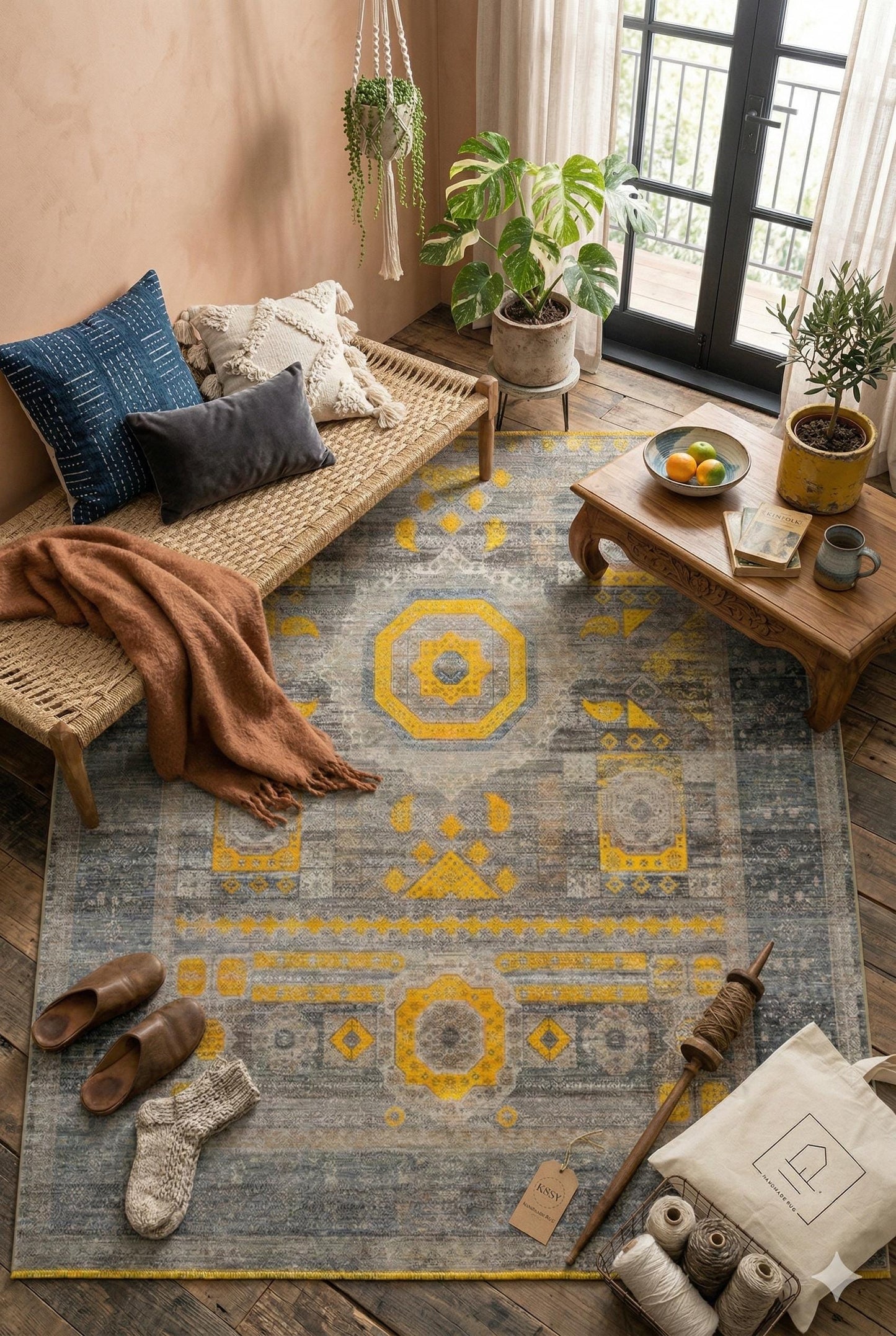 7x10 ft, Yellow Oriental Bamboo Rug: Classic memluk carpet with fringes