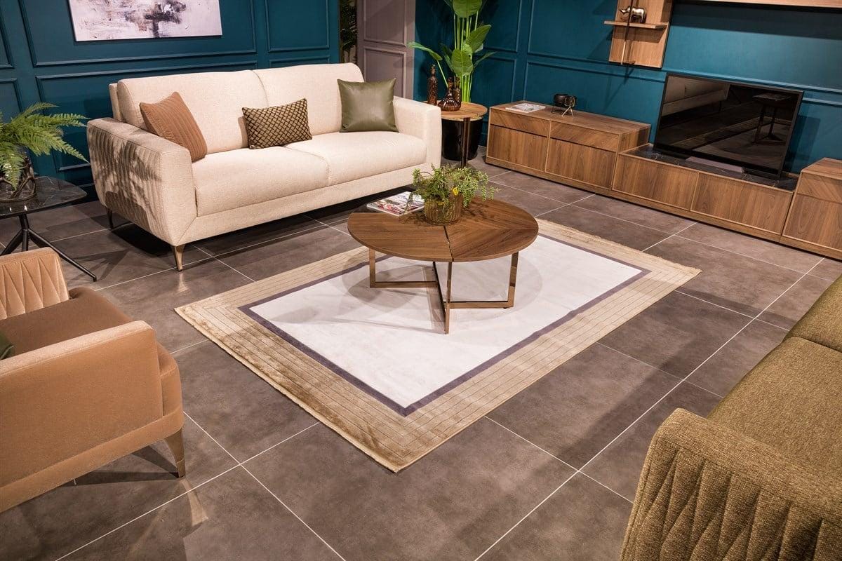 5x7 ft, Modern Cream Geometric Bamboo Rug with fine fringes