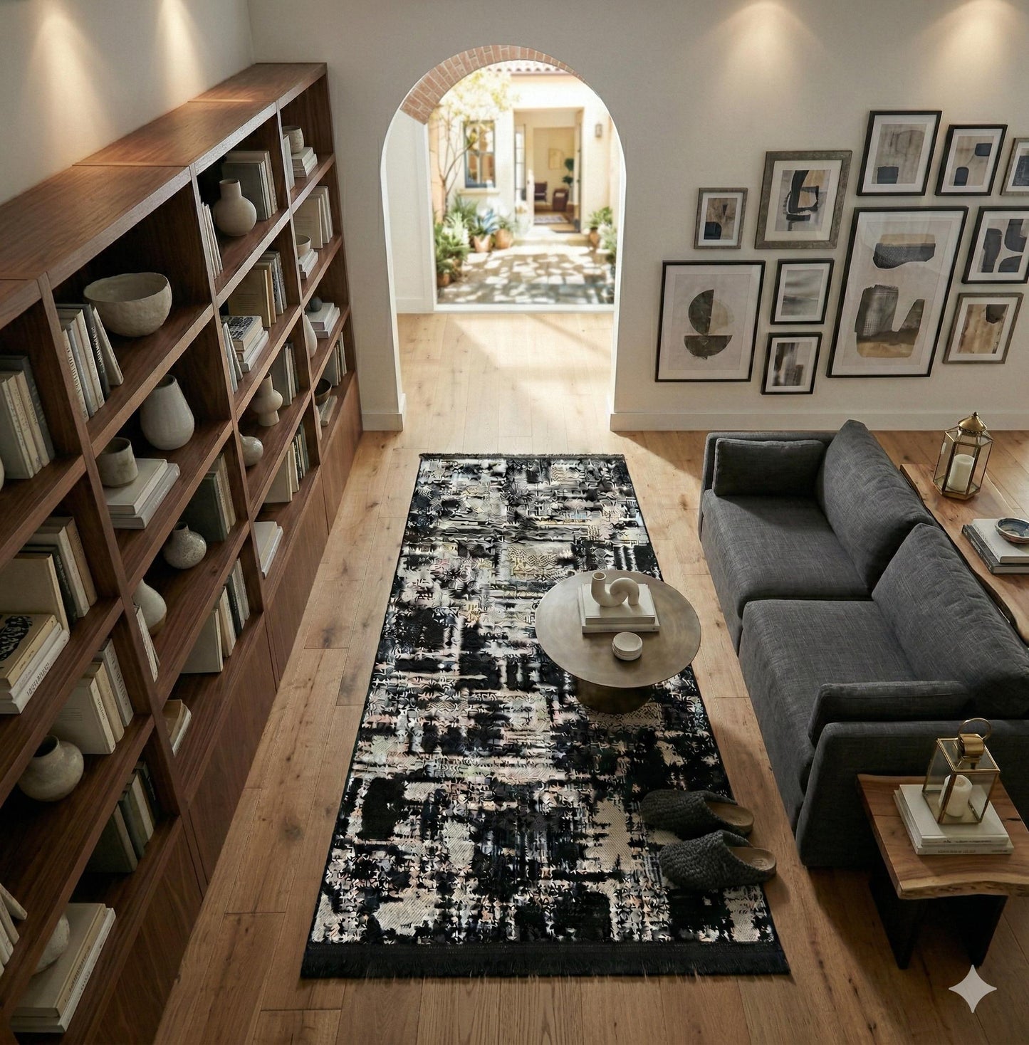 Modern Abstract Runner Rug – Black White Distressed Geometric Texture Scandi Style Mat