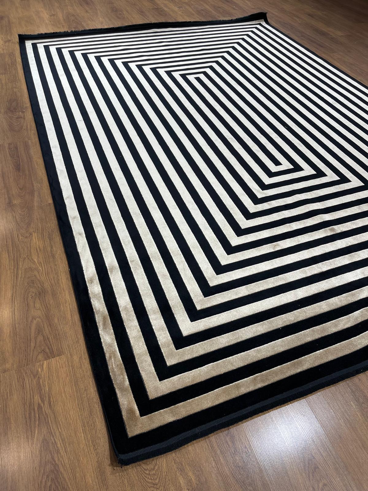 7x10 ft, Modern Black Bamboo Rug: Contemporary black fine carpet with god stripes
