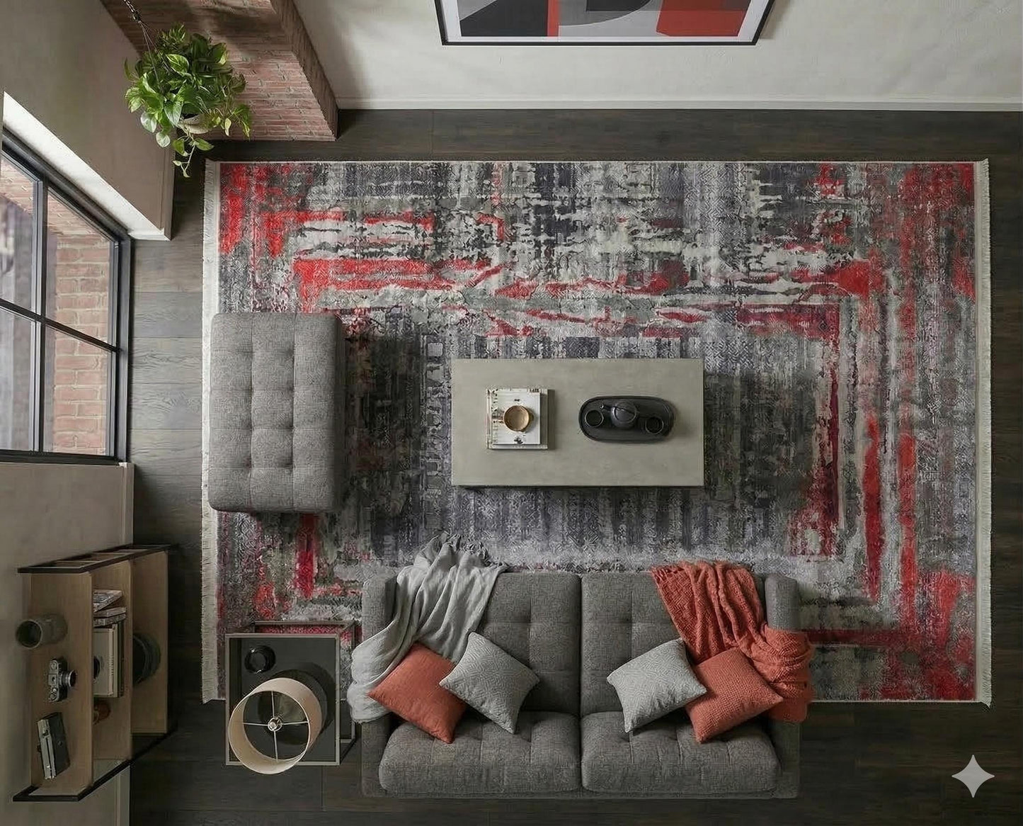 Modern Distressed Area Rug – Grey Crimson Abstract Carpet, Low Pile Non-Slip Floor Decor