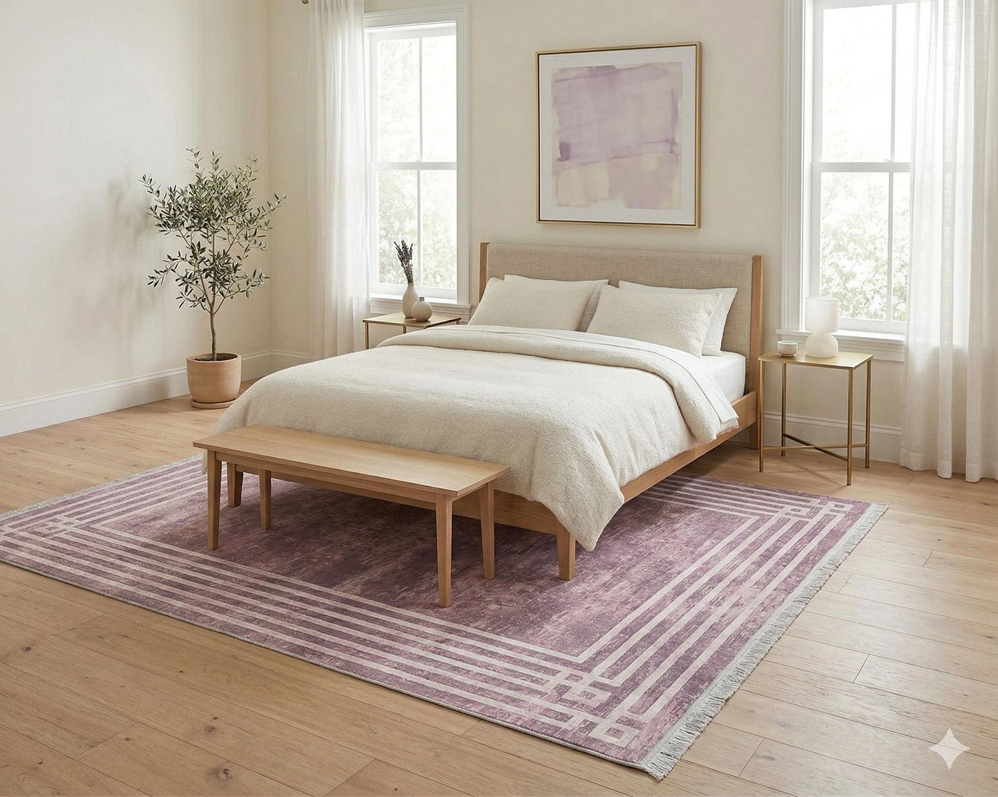 Pink Vintage Geometric Border Area Rug – Washable Pastel Living Room Carpet