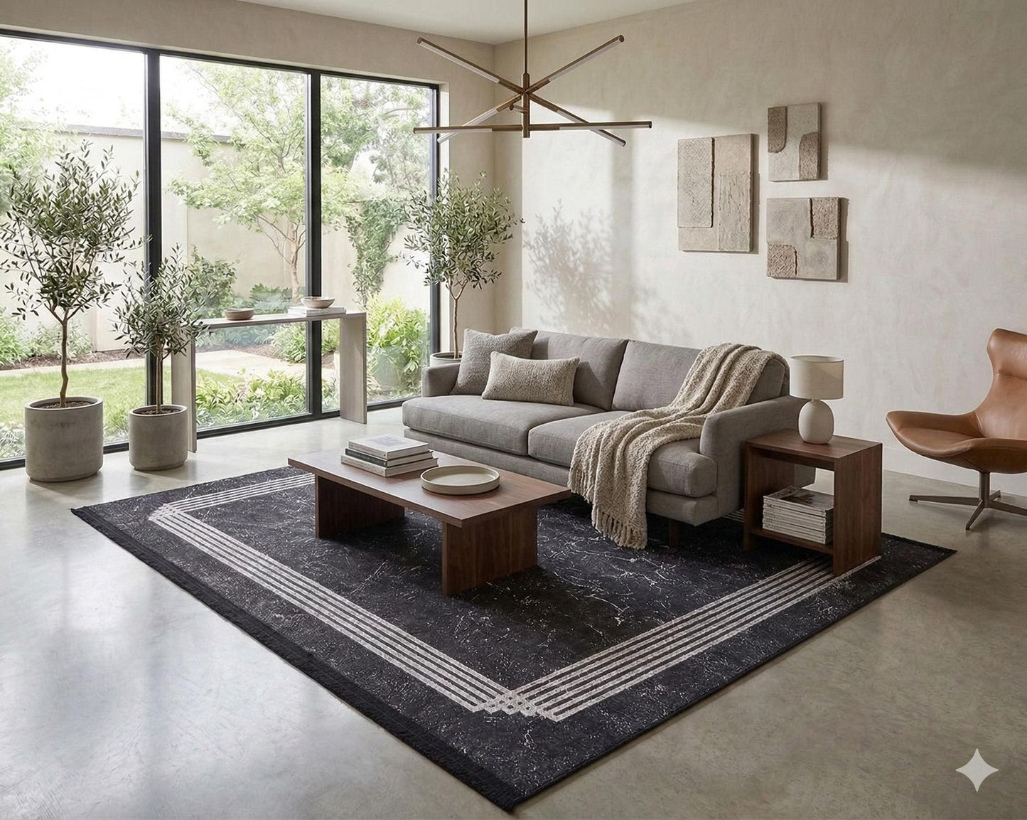 Modern Black Marble Area Rug, Minimalist Geometric Border Carpet, Contemporary Living Room Floor Rug