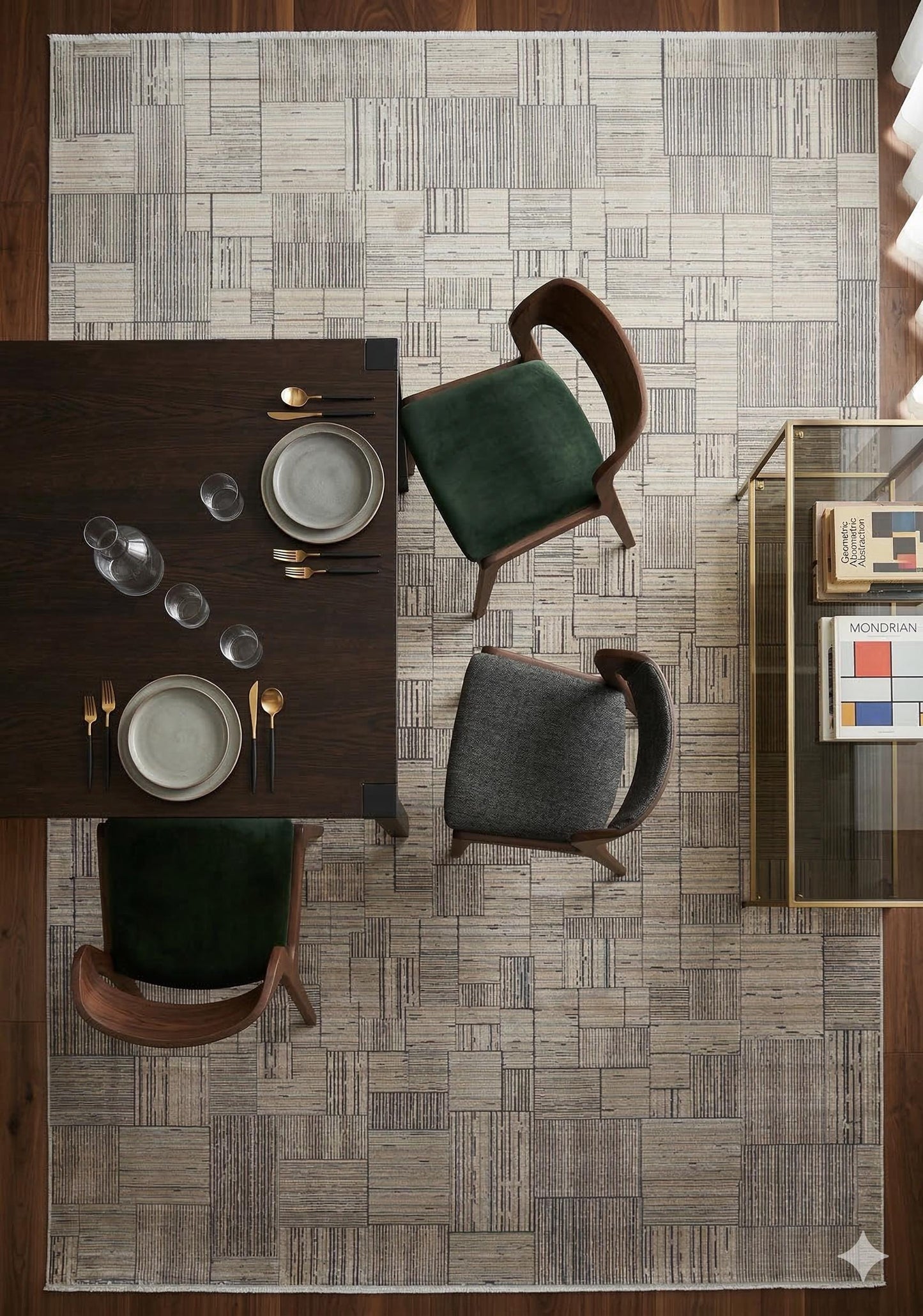 7x10ft, Modern Geometric Viscose Bamboo Silk Rug, Antique Gold Abstract Linear Salon Carpet