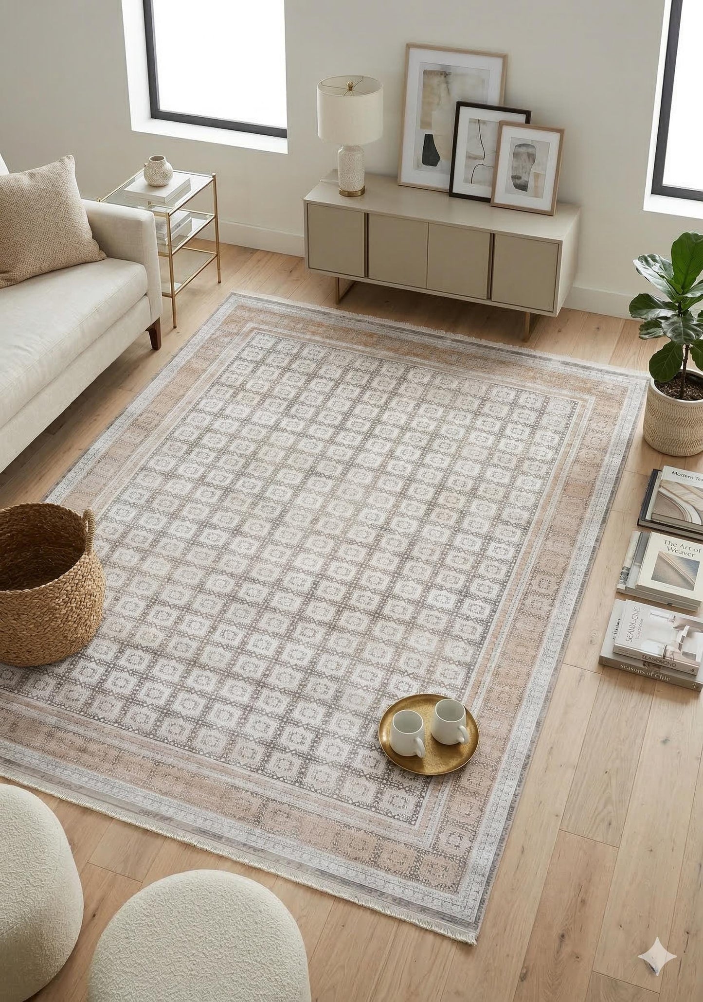 7x10ft, Modern Geometric Viscose Rug, Distressed Neutral Beige Cream Living Room Carpet