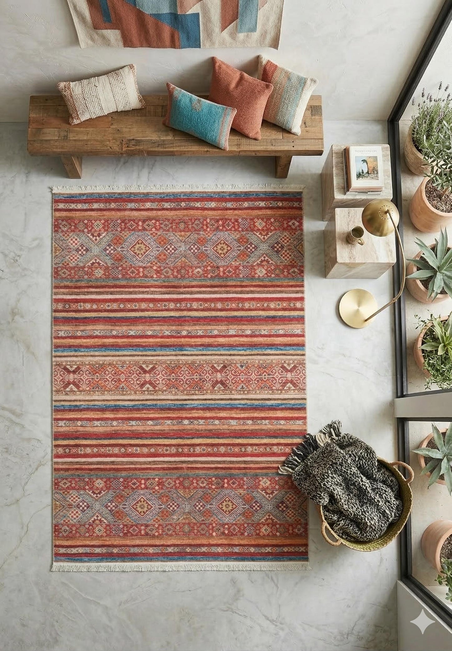 Red Southwestern Kilim Rug – Bohemian Ethnic Terracotta Blue Area Carpet