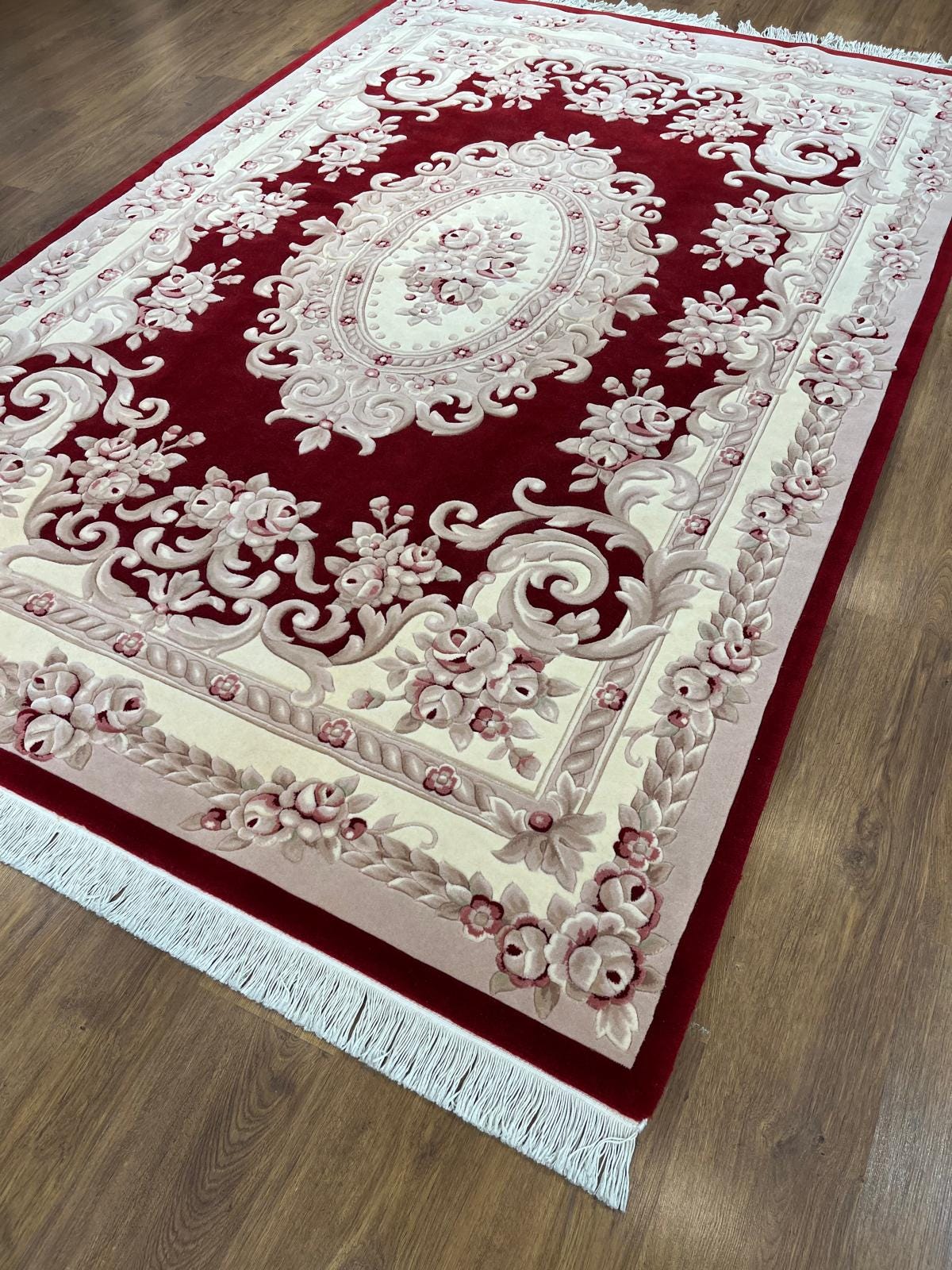 7x10 ft, Hand-Carved Wool Area Rug, Classic Red Floral Medallion Traditional Carpet