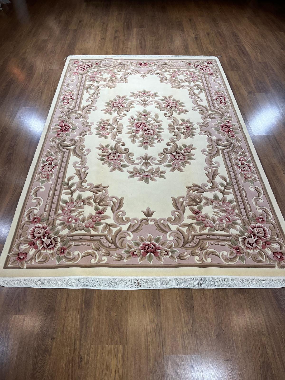 7x10 ft, 100% Wool Hand-Carved Floral Rug, Rose Red Cream, Traditional Persian Medallion Carpet