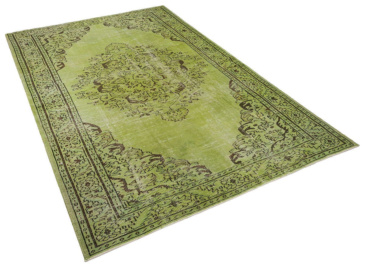 Vintage Green Wool Rug: Handmade Nursery Carpet 6x9ft
