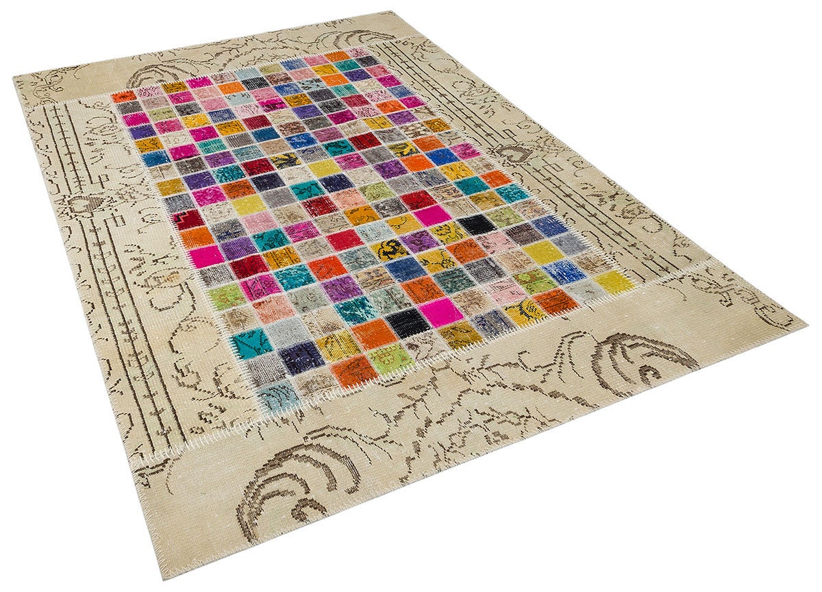 Handmade Patchwork Wool Turkish Rug - 5'x8' Bohemian Area Rug