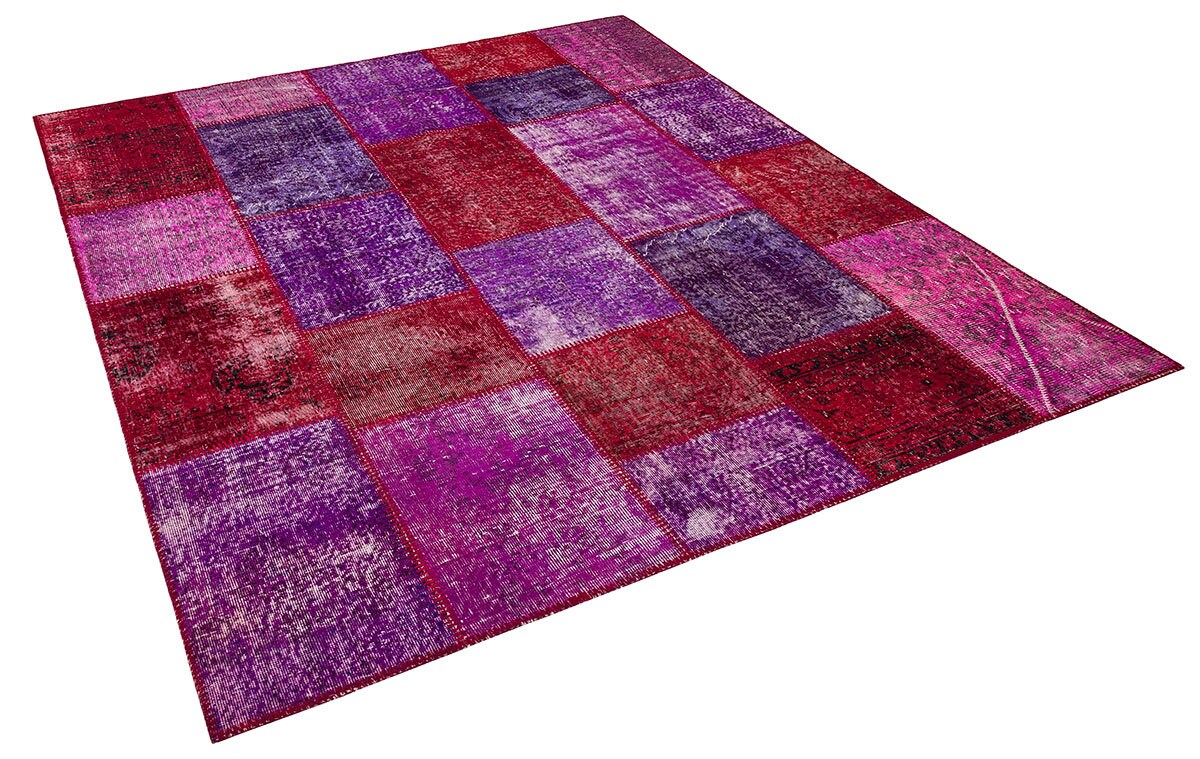 Handmade Purple Patchwork Wool Rug - Bohemian Turkish Rug (6'8''x7'7'')