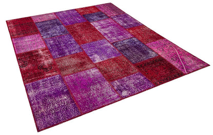 Handmade Purple Patchwork Wool Rug - Bohemian Turkish Rug (6'8''x7'7'')