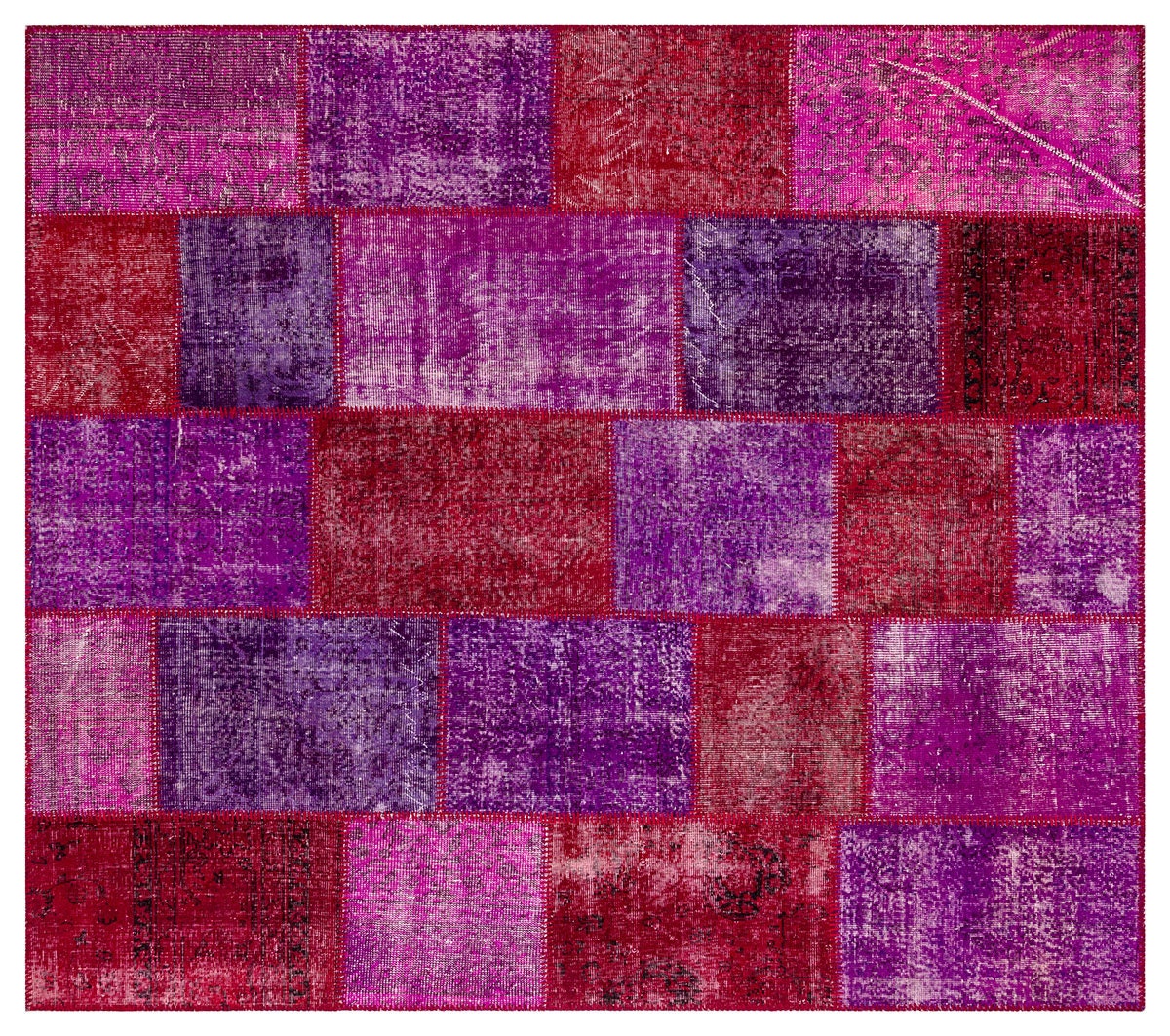 Handmade Purple Patchwork Wool Rug - Bohemian Turkish Rug (6'8''x7'7'')