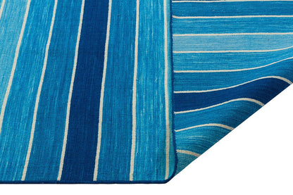 Hand Woven Turkish Kilim Rug: Blue Stripe Bohemian Style