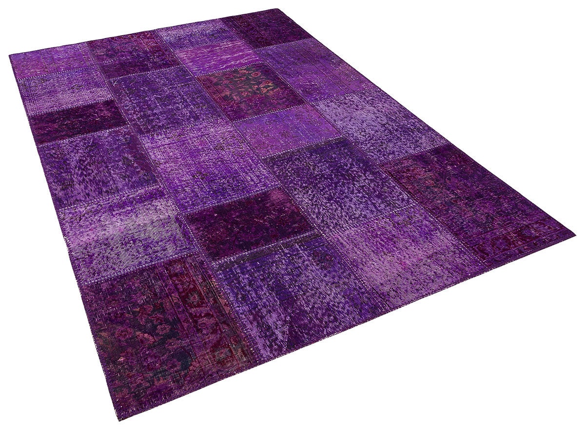 Handmade Purple Patchwork Wool Rug: Bohemian Turkish Area Rug (5'x8' ft)