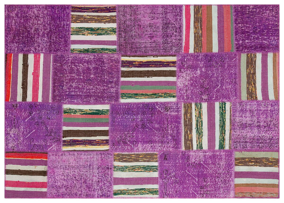 Handmade Purple Patchwork Rug: Bohemian Wool Area Rug (5'x8' ft)
