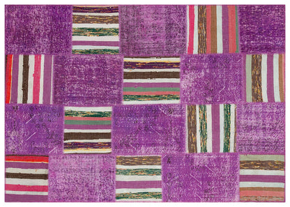 Handmade Purple Patchwork Rug: Bohemian Wool Area Rug (5'x8' ft)