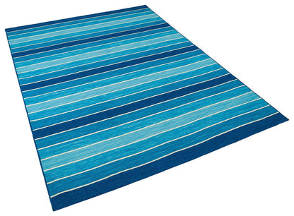 Hand Woven Turkish Kilim Rug: Blue Stripe Bohemian Style