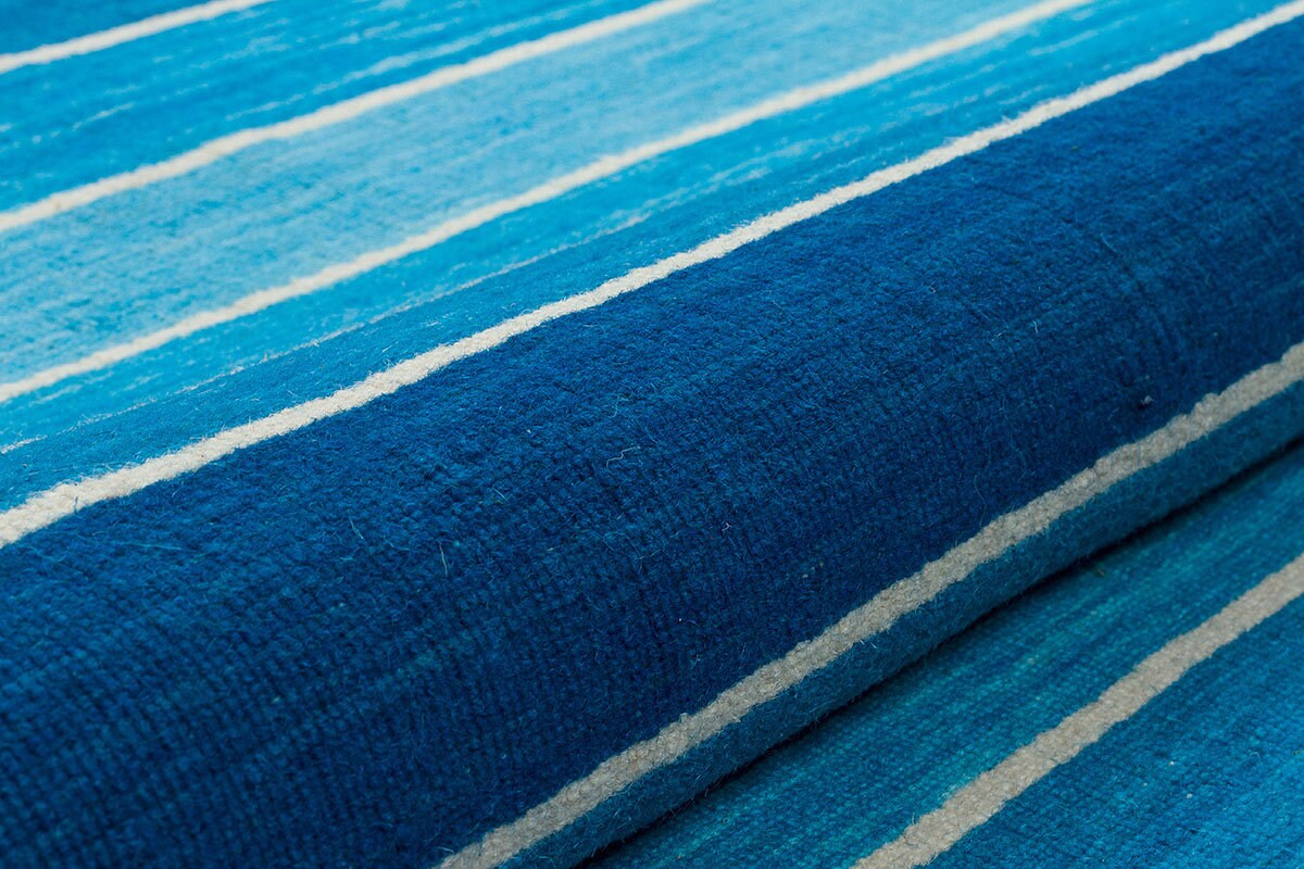 Hand Woven Turkish Kilim Rug: Blue Stripe Bohemian Style