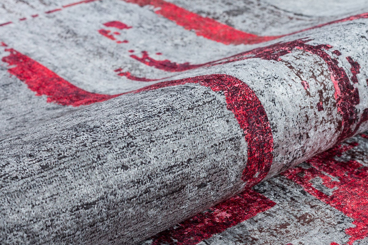 Modern Distressed Area Rug – Grey Crimson Abstract Carpet, Low Pile Non-Slip Floor Decor