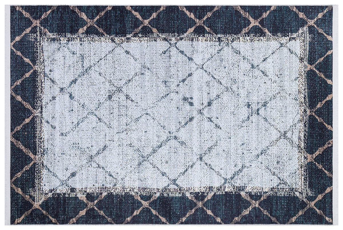 Distressed Teal Lattice Area Rug – Faded Geometric Carpet for Living Room