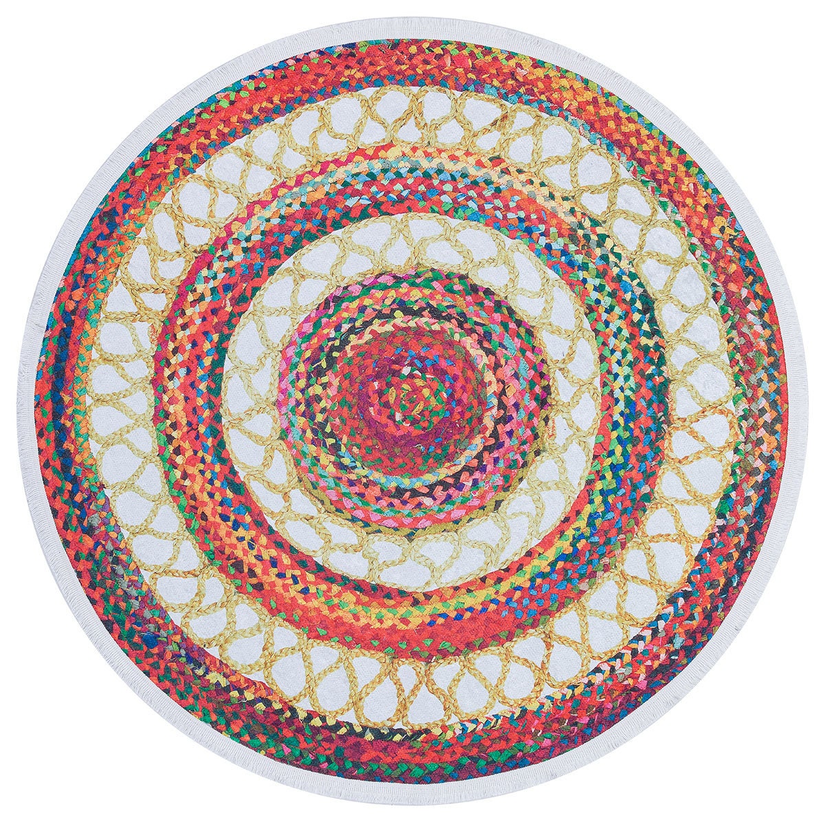 Round Boho Braided Cotton Rug – Washable Multi-Color Area Carpet